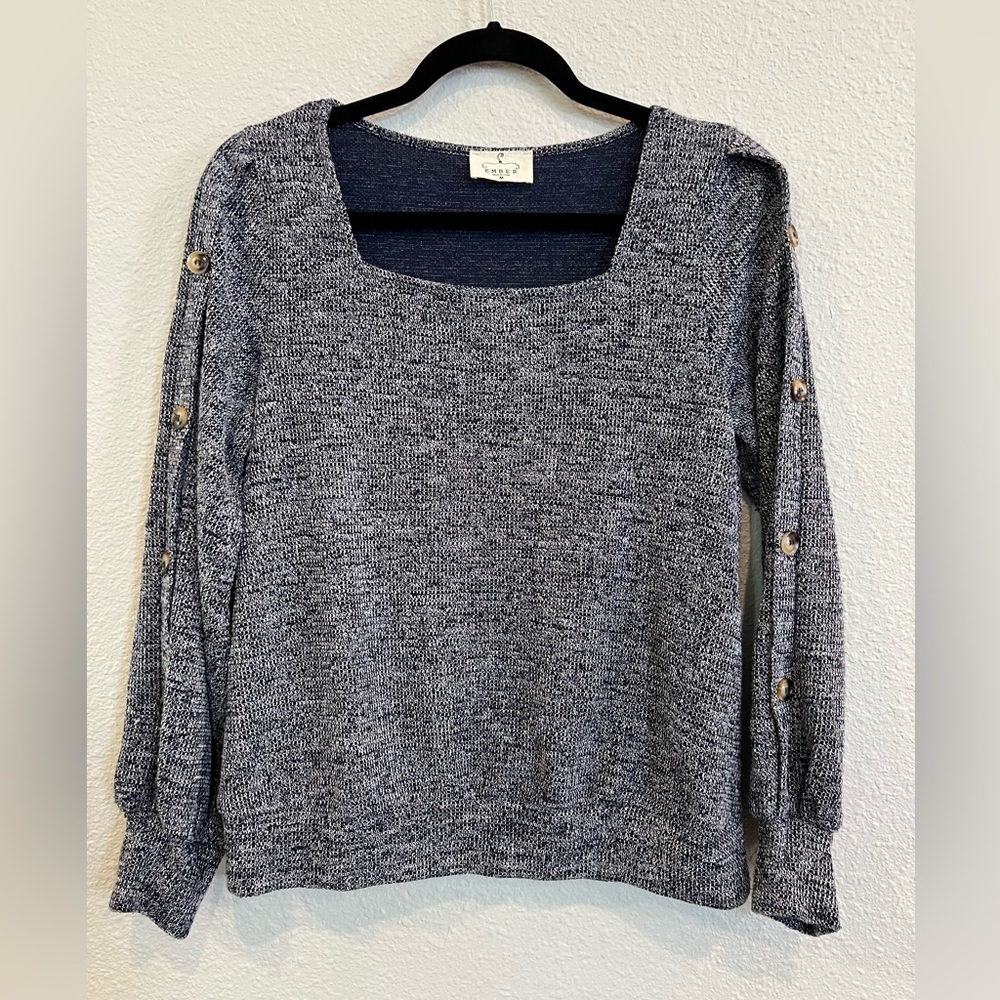 Ember square neck sweater button sleeve detail blue size medium